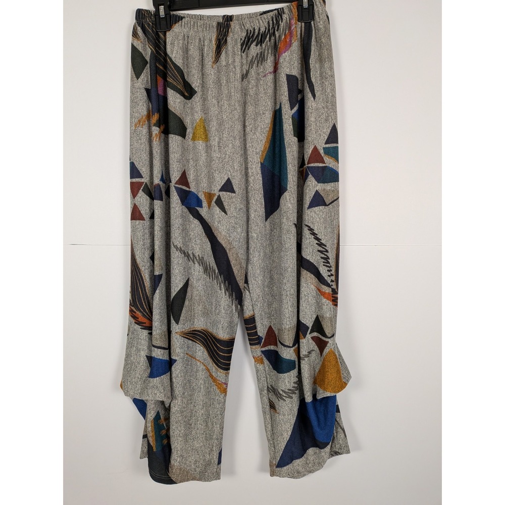Inoah Gray Tucked Gathered Hem Art Graffiti Wide Leg Cropped Pants L